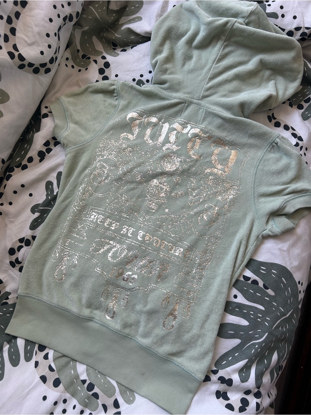 Y2K Vintage Sage Green Terrycloth Juicy Couture Short Sleeve Zip - Back Emblem